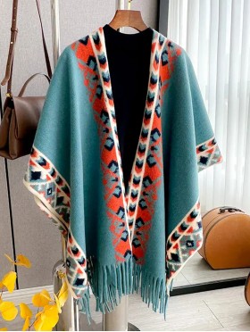 Premium Soft Abstract Patterned Cape W/ Fringes